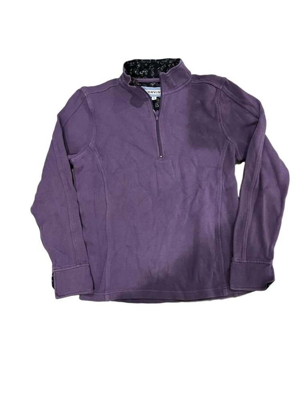 Orvis 1/4-Zip Ribbed Pullover Sweater Size S Lavender Navy Floral Flip Cuffs